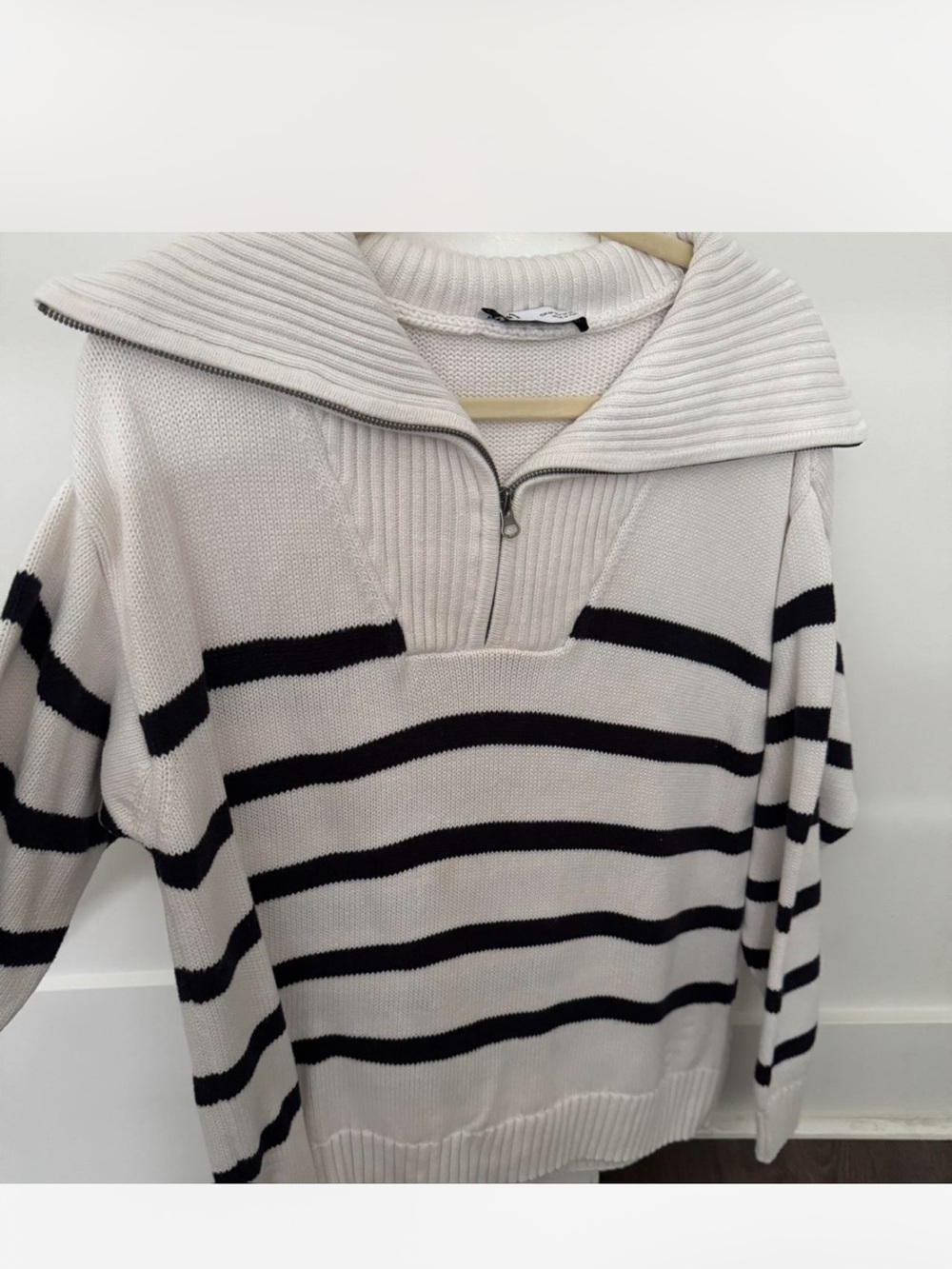 Zara women’s Cream Ribbed Zip Sweater with Navy Stripes
